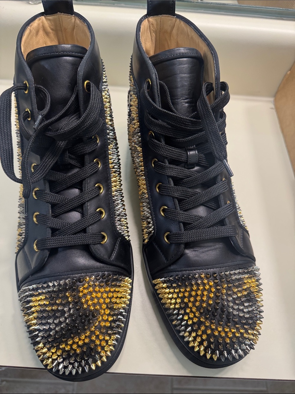 Christian Louboutin Black and Gold Spike-Embellished High-Top Sneakers - Picture 8 of 13